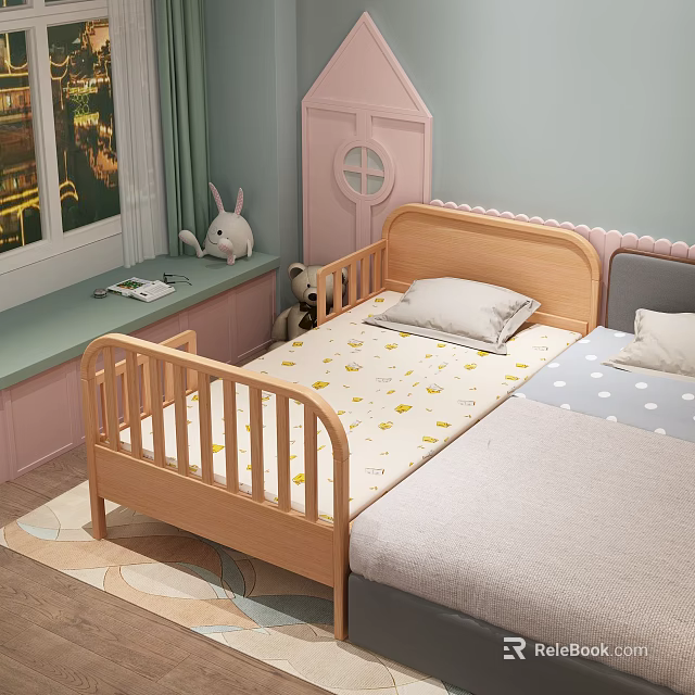 Wooden Toddler Bed With Yellow Duck Mattress And Plush Rabbit Toy By Window 3d model 