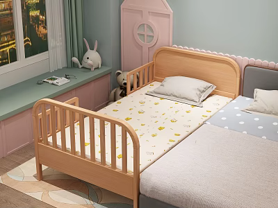 Wooden Toddler Bed With Yellow Duck Mattress And Plush Rabbit Toy By Window 3d model