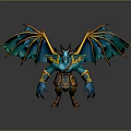 3D Blue Mythical Dragon Game Movie Character with Green Orange Wings and Decorative Armor