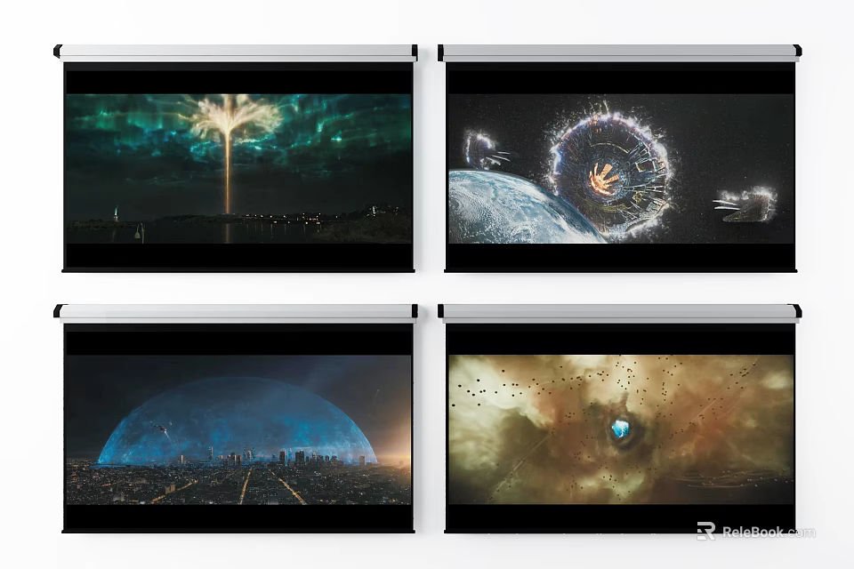 Projection Screens Showing Cosmic Scenes And Natural Landscapes With Vibrant Visuals 3d model 