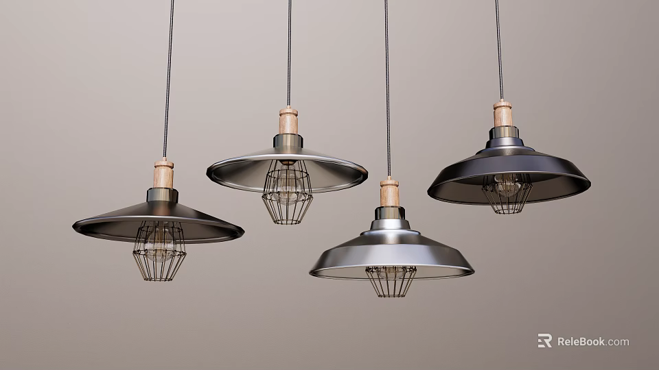 Industrial Style Pendant Lights With Metal Shades Wooden Tops And Metal Grilles 3d model 