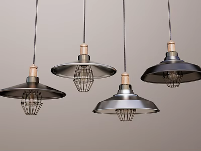 Industrial Style Pendant Lights With Metal Shades Wooden Tops And Metal Grilles 3d model
