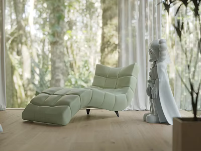 Light Green Modern Lounge Chair With Ottoman In Wooden Floor Interior And Forest View 3d model