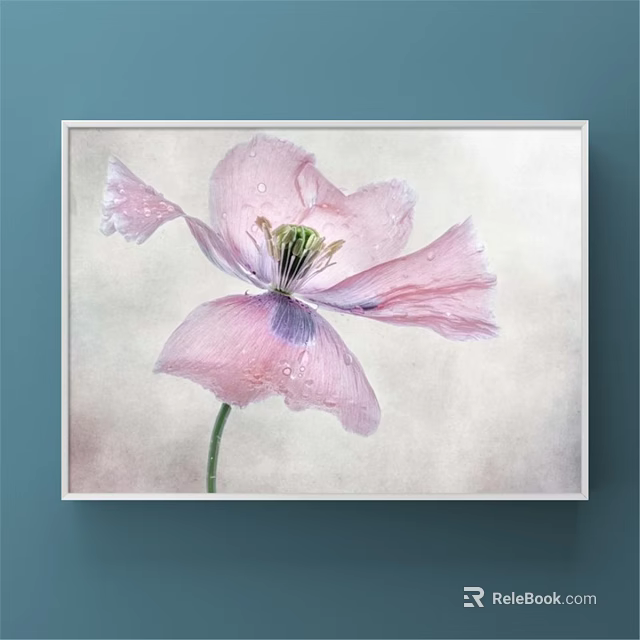 Pink Poppy Plant Painting Framed Artwork With Water Drops On Blue Wall 3d model 