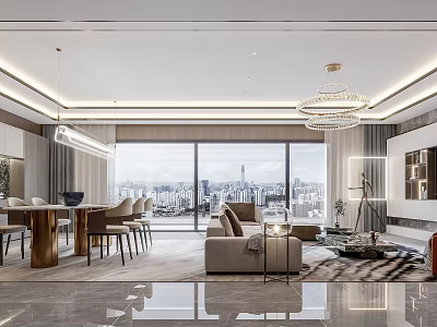 Elegant Modern Living Dining Room Interior With Large Windows City View And Chandelier 3d model