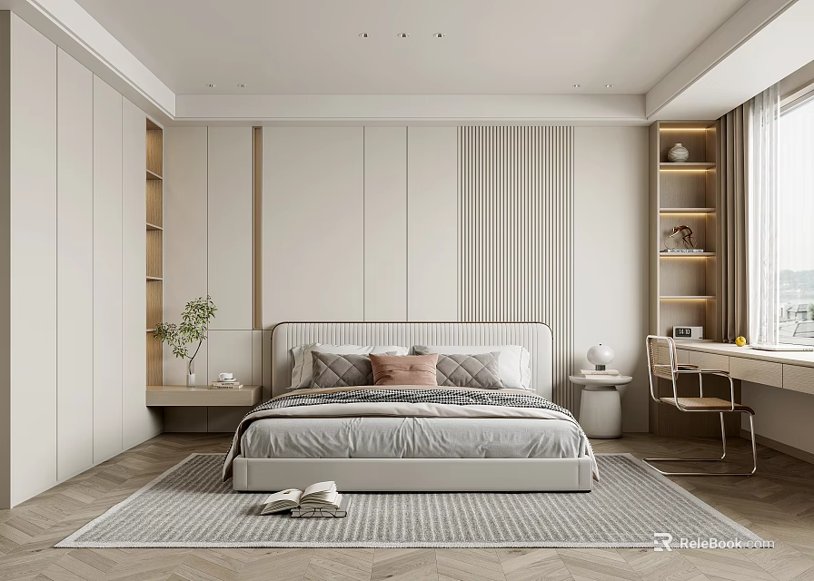 Modern Minimalist Bedroom Interior Design With Bed Pillows Potted Plant Desk Window And Rug 3d model 