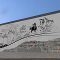 Traditional Building Exterior Wall With Illuminated Mural Of Horseback Figure And Historic Structures