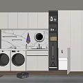 Modern Laundry Room With Double Washing Machines White Cabinets And Marble Countertop