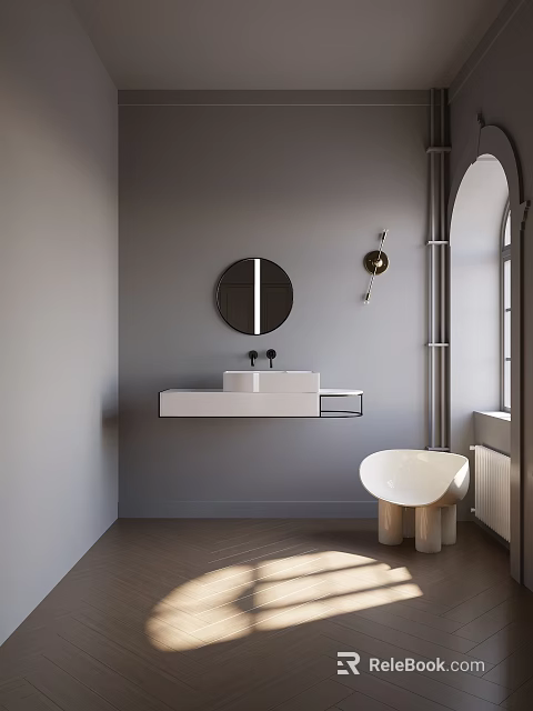 Modern Bathroom With Gray Walls Round Mirror Wall Mounted White Vanity And Free Standing Bathtub 3d model 