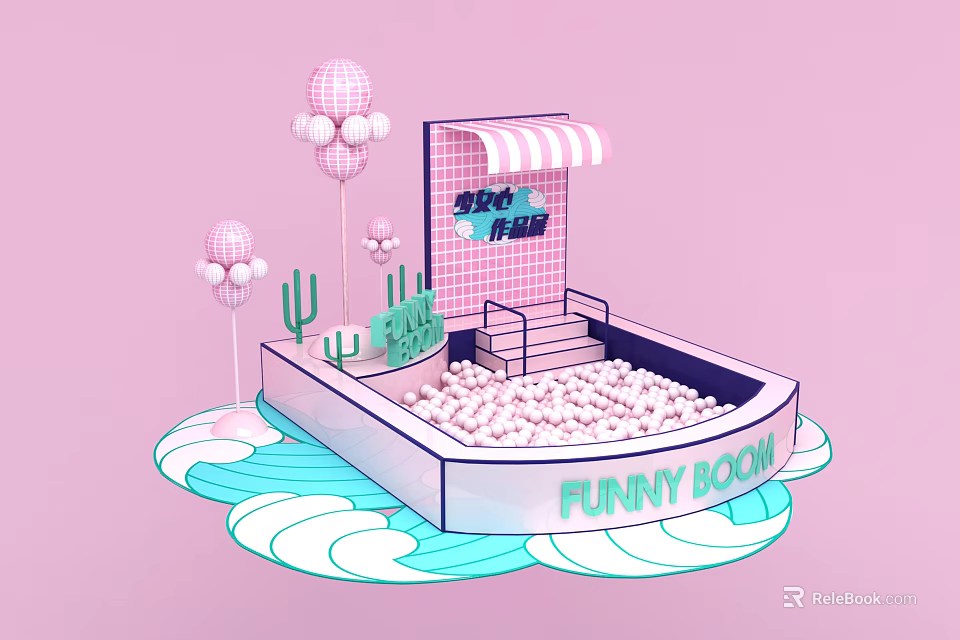 Colorful Funny Room Setup With Pink Balloons Cactus And Ball Pit On Pastel Pink Background 3d model 