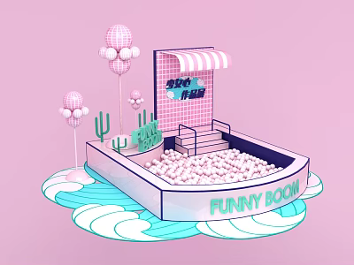 Colorful Funny Room Setup With Pink Balloons Cactus And Ball Pit On Pastel Pink Background 3d model