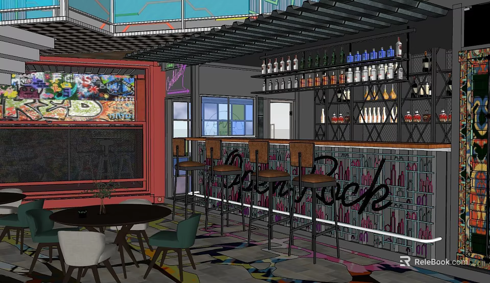 Bar Interior Design With Counter Stools Wine Racks Tables And Colorful Decor 3d model 