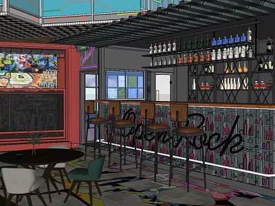 Bar Interior Design With Counter Stools Wine Racks Tables And Colorful Decor 3d model