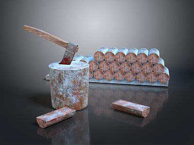 Axe As Traditional Weapon Embedded In Tree Stump With Stacked Firewood Logs And Wooden Blocks 3d model