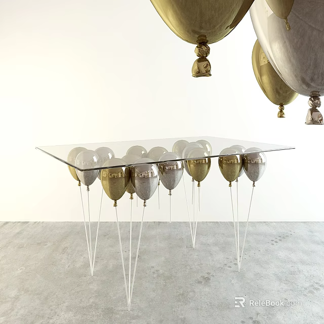 Transparent Glass Table Supported by Gold and Silver Balloons in Minimalist Room 3d model 