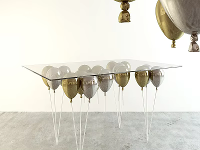 Transparent Glass Table Supported by Gold and Silver Balloons in Minimalist Room 3d model