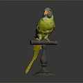 Vibrant Green Parrot Perched On Wooden Stand Against Gray Background