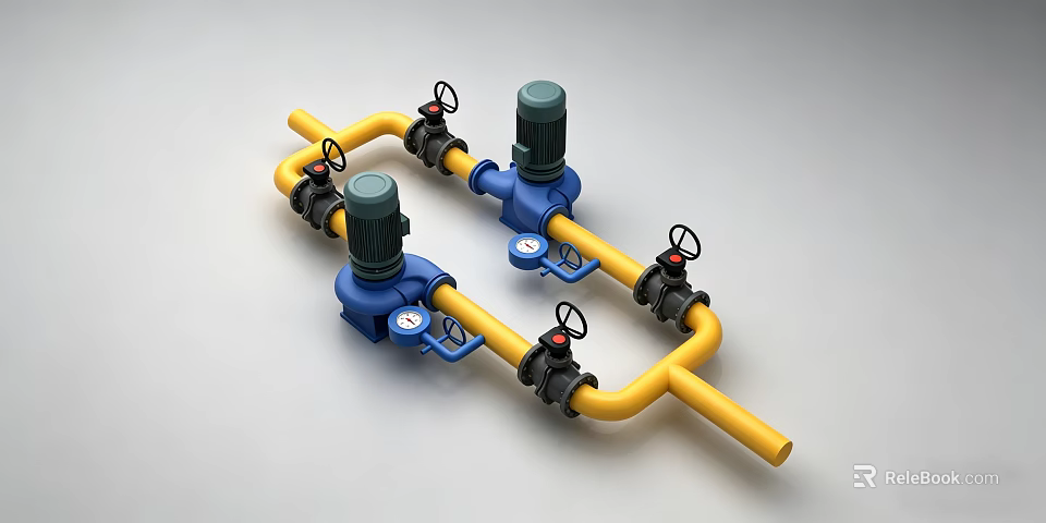 Industrial Piping System with Yellow Pipes Blue Pumps and Black Valves 3d model 