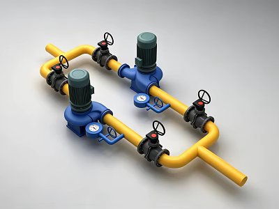 Industrial Piping System with Yellow Pipes Blue Pumps and Black Valves 3d model