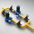 Industrial Piping System with Yellow Pipes Blue Pumps and Black Valves