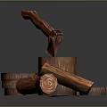 Wooden Axe Stuck In Wooden Stump With Stacked Logs And Firewood Pieces