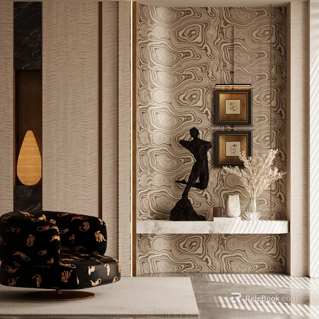 Elegant Modern Foyer Hallway Interior Design With Patterned Wallpaper Framed Art And Black Sculpture 3d model 