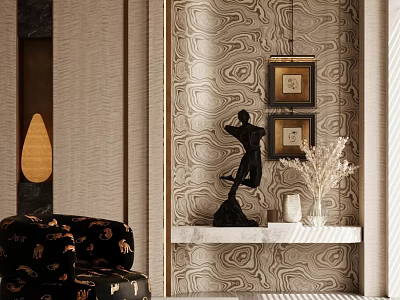 Elegant Modern Foyer Hallway Interior Design With Patterned Wallpaper Framed Art And Black Sculpture 3d model