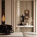 Elegant Modern Foyer Hallway Interior Design With Patterned Wallpaper Framed Art And Black Sculpture