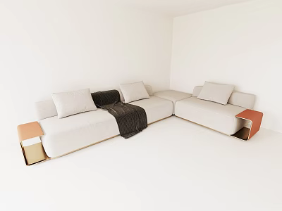 White Sectional Sofa With Multiple Cushions Black Blanket And Side Tables 3d model