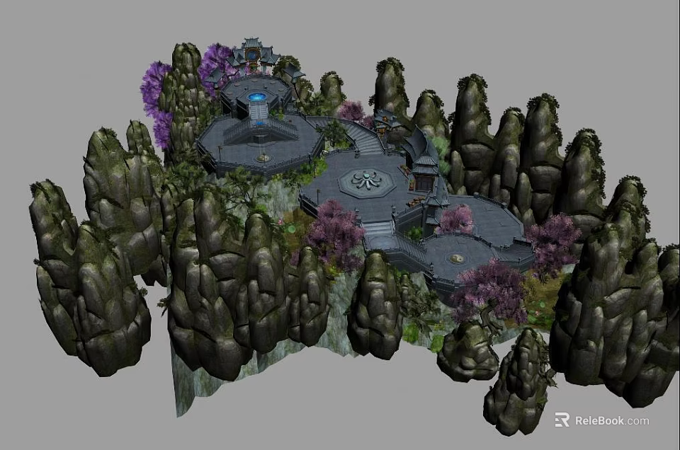 Ancient Building Surrounded By Circular Platform Rock Formations Purple Plants And Stone Paths 3d model 
