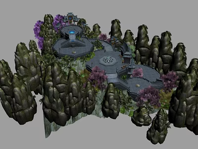 Ancient Building Surrounded By Circular Platform Rock Formations Purple Plants And Stone Paths 3d model