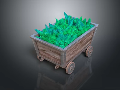 Decorative Ornament Set With Wooden Cart And Green Spiky Crystals 3d model
