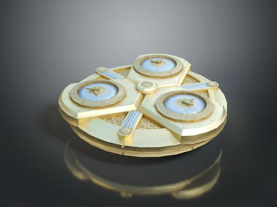 Golden Circular Decorative Object With Three Dials Intricate Engravings And Reflective Surface 3d model