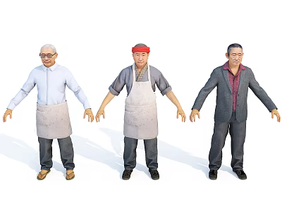 Three Men in Different Outfits Standing Together with Aprons Red Cap and Suit 3d model