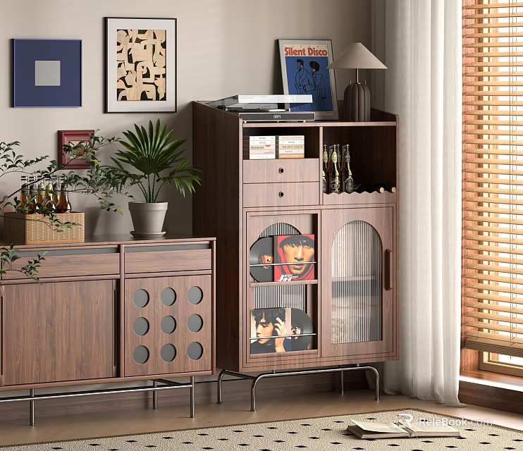 Modern Wooden Storage Cabinet With Glass Doors And Display Items In Living Room 3d model 