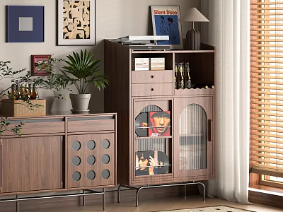 Modern Wooden Storage Cabinet With Glass Doors And Display Items In Living Room 3d model
