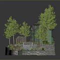 Cartoon Scene Featuring Green House Trees Stone Wall Small Shed And Garden Area