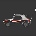 Red Open Top Dune Buggy With Roof Rack Spare Tire Headlights And Small Flag