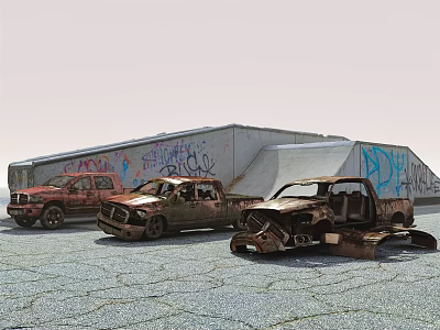 Rusted Utility Vehicles Parked Near Graffiti Covered Warehouse On Cracked Concrete 3d model