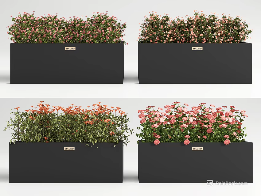 Black Rectangular Flower Planters with Colorful Pink and Orange Blooms for Outdoor Garden Decoration 3d model 