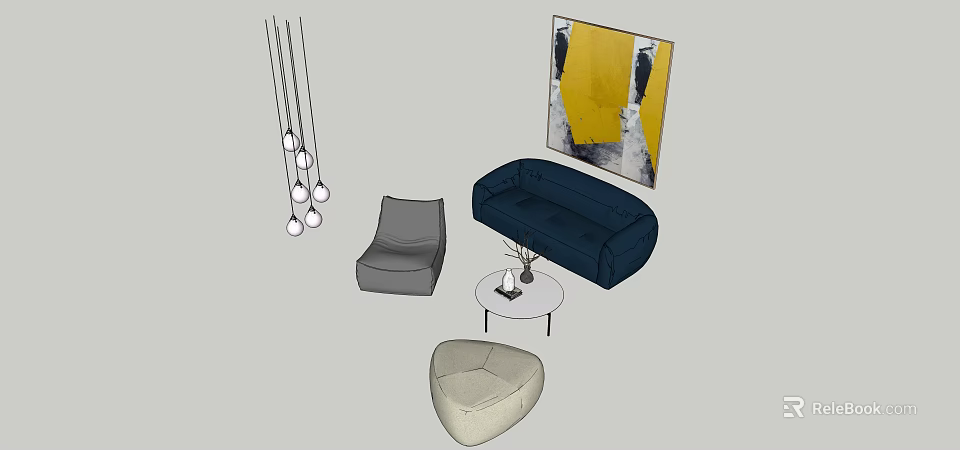 Modern Living Room Sofa and Coffee Table Set with Armchair Pendant Light and Yellow Artwork 3d model 