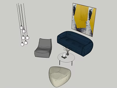 Modern Living Room Sofa and Coffee Table Set with Armchair Pendant Light and Yellow Artwork 3d model