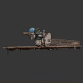 Rusty Chain Chainsaw With Blue Silver Parts On Weathered Wooden Platform