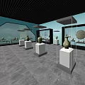 Spacious Modern Exhibition Hall Interior Featuring Glass Display Cases Antique Vases And Exhibits