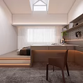Tatami Bedroom Interior Design With Wall Shelves Desk Soft Lighting And Decorative Items
