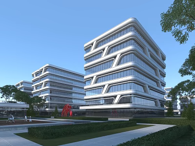 Modern Office Building With Unique Architectural Design Glass Curtain Walls Landscaped Areas And Sculpture 3d model