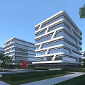 Modern Office Building With Unique Architectural Design Glass Curtain Walls Landscaped Areas And Sculpture