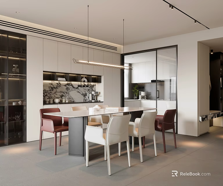 Modern Restaurant Interior With Dining Table White And Maroon Chairs Pendant Lights And Kitchen Cabinets 3d model 