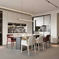 Modern Restaurant Interior With Dining Table White And Maroon Chairs Pendant Lights And Kitchen Cabinets