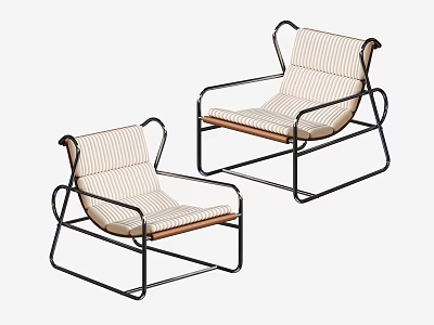 Modern Leisure Chairs With Black Metal Frame Striped Fabric And Wooden Seat 3d model